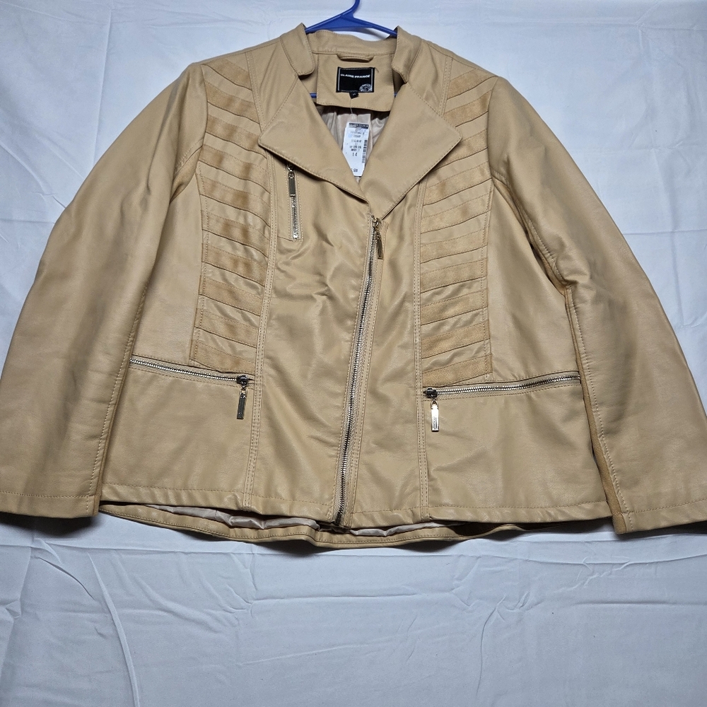 Women's Beige Faux Leather Moto Jacket Claire France Size 14